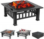 32" Black Square Charcoal or Wood Burning Fire Pit with Cover