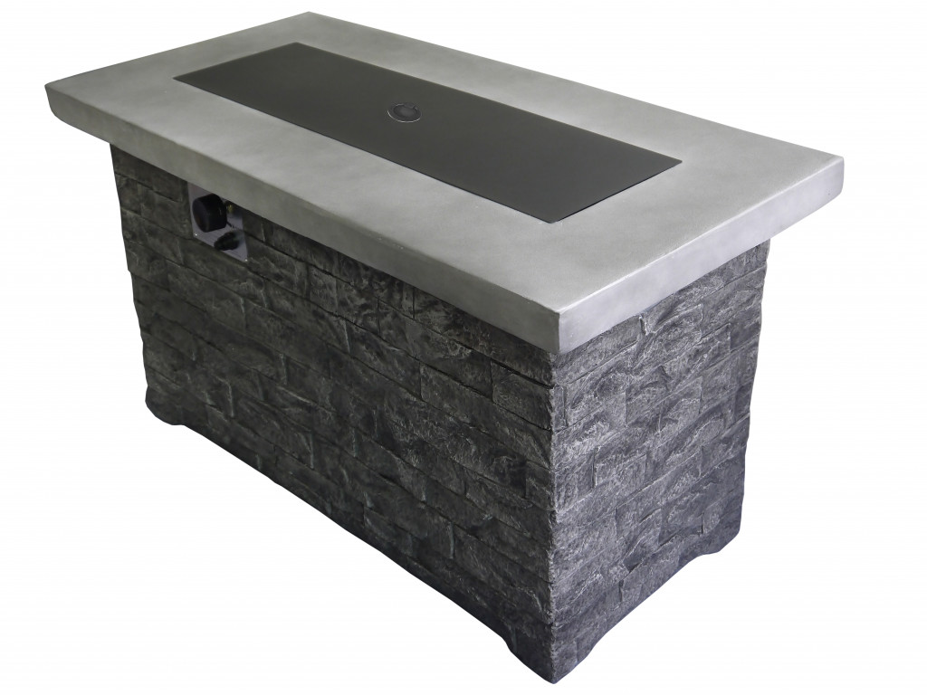 Rectangular Grey Brick Gas Fire Pit with Lava Rocks