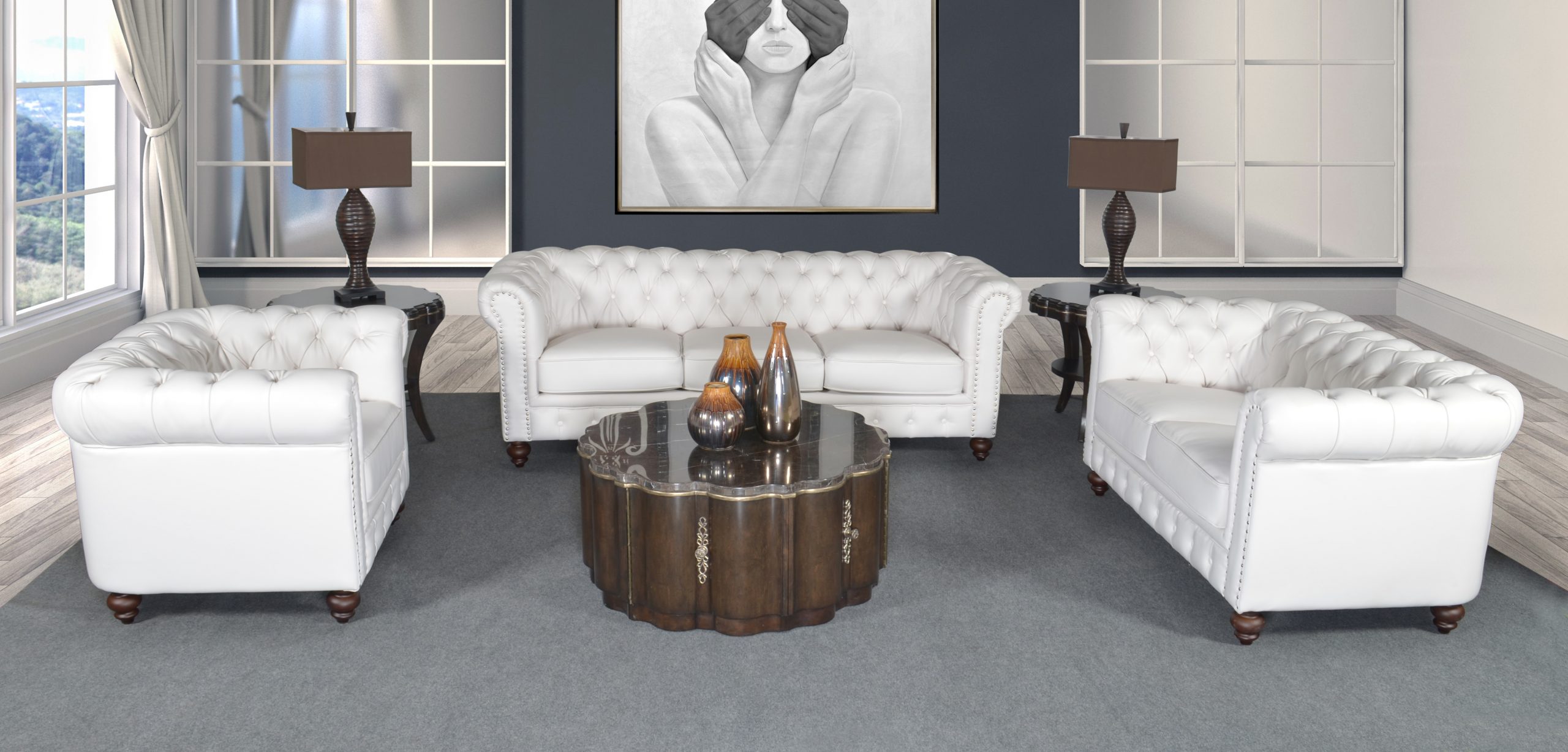 12020365 Classic Chesterfield White Sofa Set of 3 - Image 1