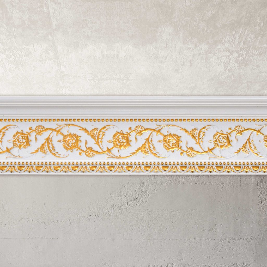 Gold Floral on French White Crown Molding 92 Inch