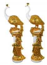Golden Emerald Peacocks on Pedestal Set of 2 - Image 2