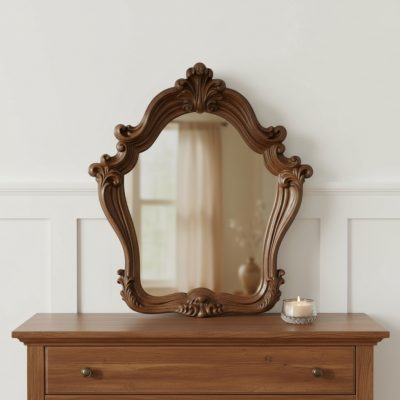 Homeroots - 47" Brown Crowned Top Solid Wood Framed Mounted Dresser Mirror