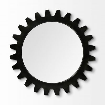 Homeroots - 26" Black Cog Round Metal Frame Wall Mirror