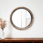 Homeroots - 24" Brown And Black Round Metal And Wood Framed Accent Mirror