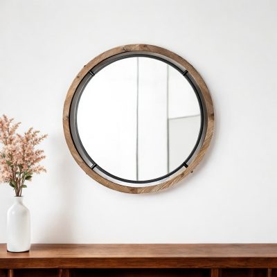 Homeroots - 24" Brown And Black Round Metal And Wood Framed Accent Mirror