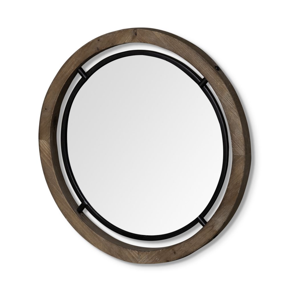 Homeroots - 28" Brown Round Wood Framed Accent Mirror