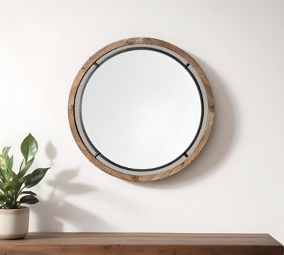 Homeroots - 28" Brown Round Wood Framed Accent Mirror