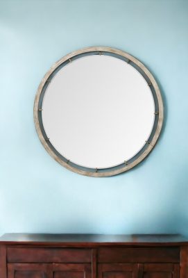 Homeroots - 54" Brown Round Wood And Metal Framed Accent Mirror