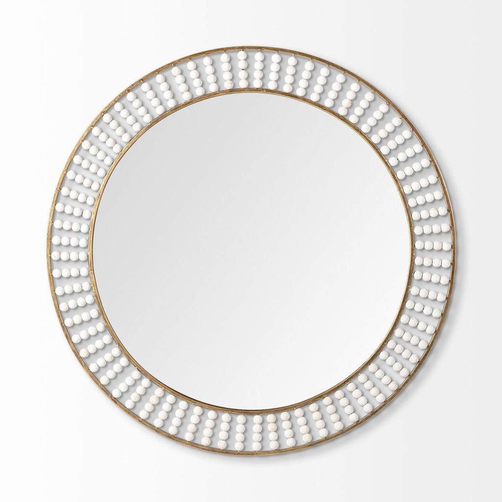 Homeroots - 42" Round Gold Metal Frame Wall Mirror With White Wood Beads