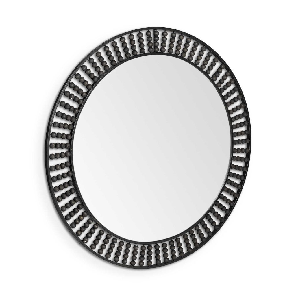 Homeroots - 42" Round Black Metal Frame Wall Mirror With Wood Beads