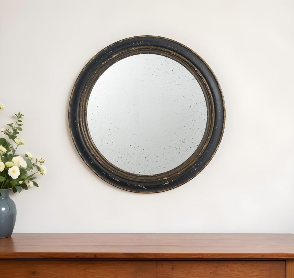 Homeroots - 24" Dark Brown Distressed Wood Round Framed Accent Mirror