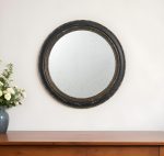 Homeroots - 24" Dark Brown Distressed Wood Round Framed Accent Mirror