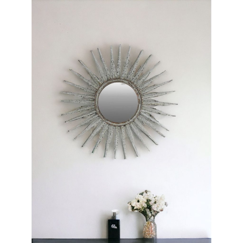 Homeroots - 30" Antiqued Silver Gray Sunburst Wall Mounted Accent Mirror