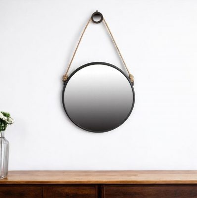 Homeroots - 30" Black Fame Round Wall Hanging Accent Mirror with Rope