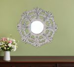 Homeroots - 24" White Floral Scrollwork Distressed Round Framed Accent Mirror