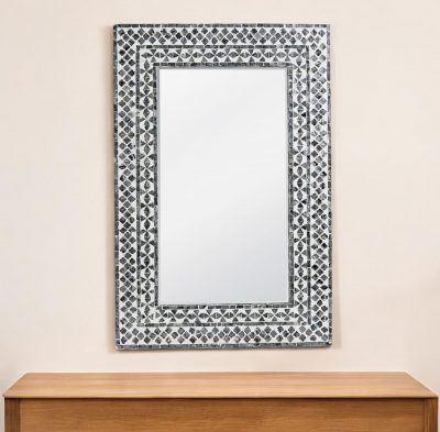 Homeroots - 36" Black And White Geometric Mosaic Capiz Shell Framed Accent Mirror