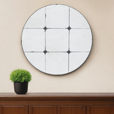 Homeroots - 36" Black Round Iron Framed Antiqued Glass Accent Mirror