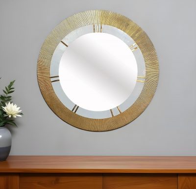 Homeroots - 36" Gold and White Round Aluminum Ribbed Edge Framed Accent Mirror
