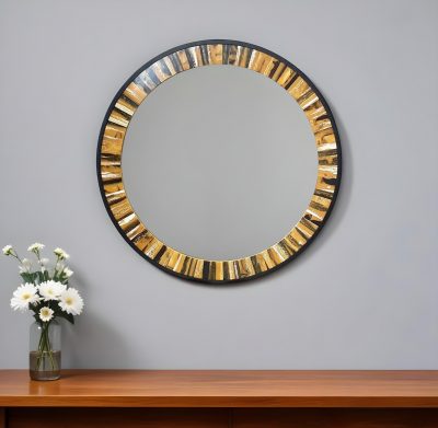 Homeroots - 32" Brown and Black Faux Stone Round Framed Accent Mirror