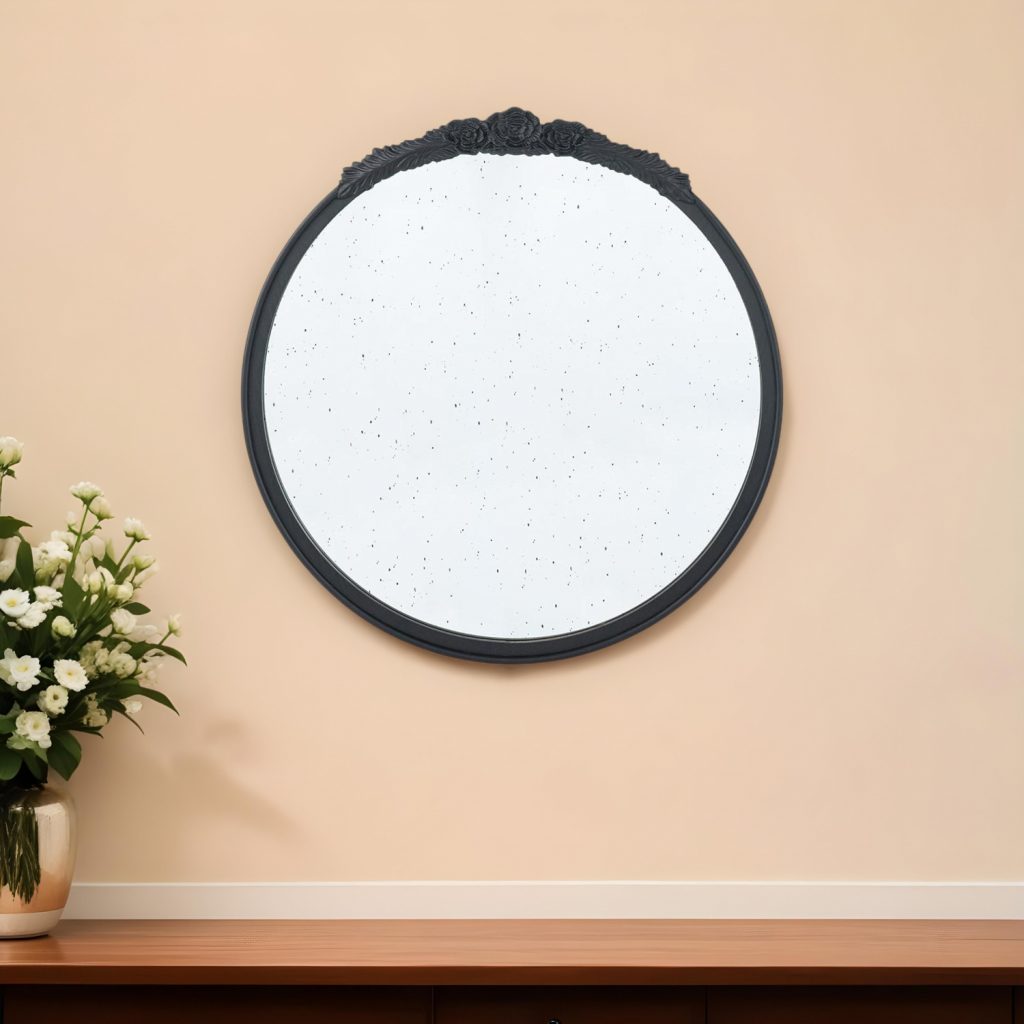 Homeroots - 30" Black Crowned Top Antiqued Glass Round Framed Accent Mirror