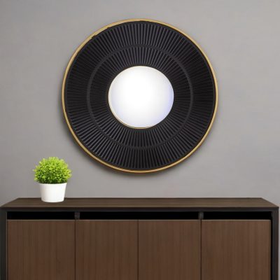 Homeroots - 32" Black And Gold Round Wood And Metal Framed Accent Mirror