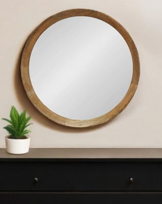 Homeroots - 20" Natural Round Wood Framed Accent Mirror