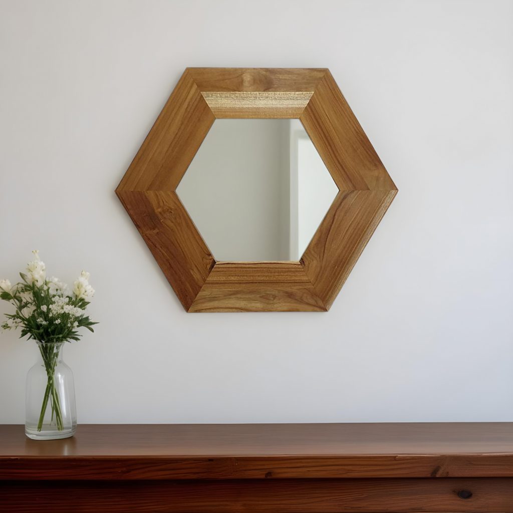 Homeroots - 19" Natural Hexagon Solid Wood Framed Accent Mirror