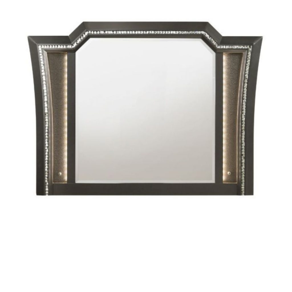 Homeroots - 38" Gunmetal Lighted Abstract Wood Framed Mounted Dresser Mirror