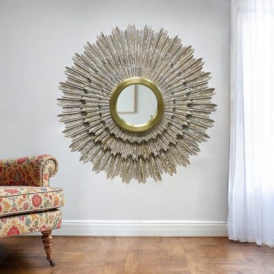 Homeroots - 44" Antiqued Gold Sunburst Wood and Metal Framed Accent Mirror