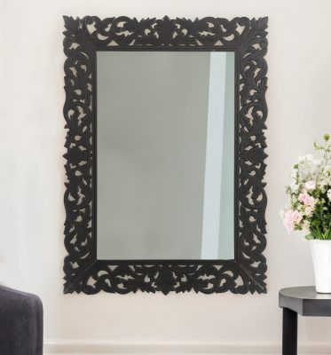 Homeroots - 47" Black  Floral Carved Solid Wood Framed Accent Mirror