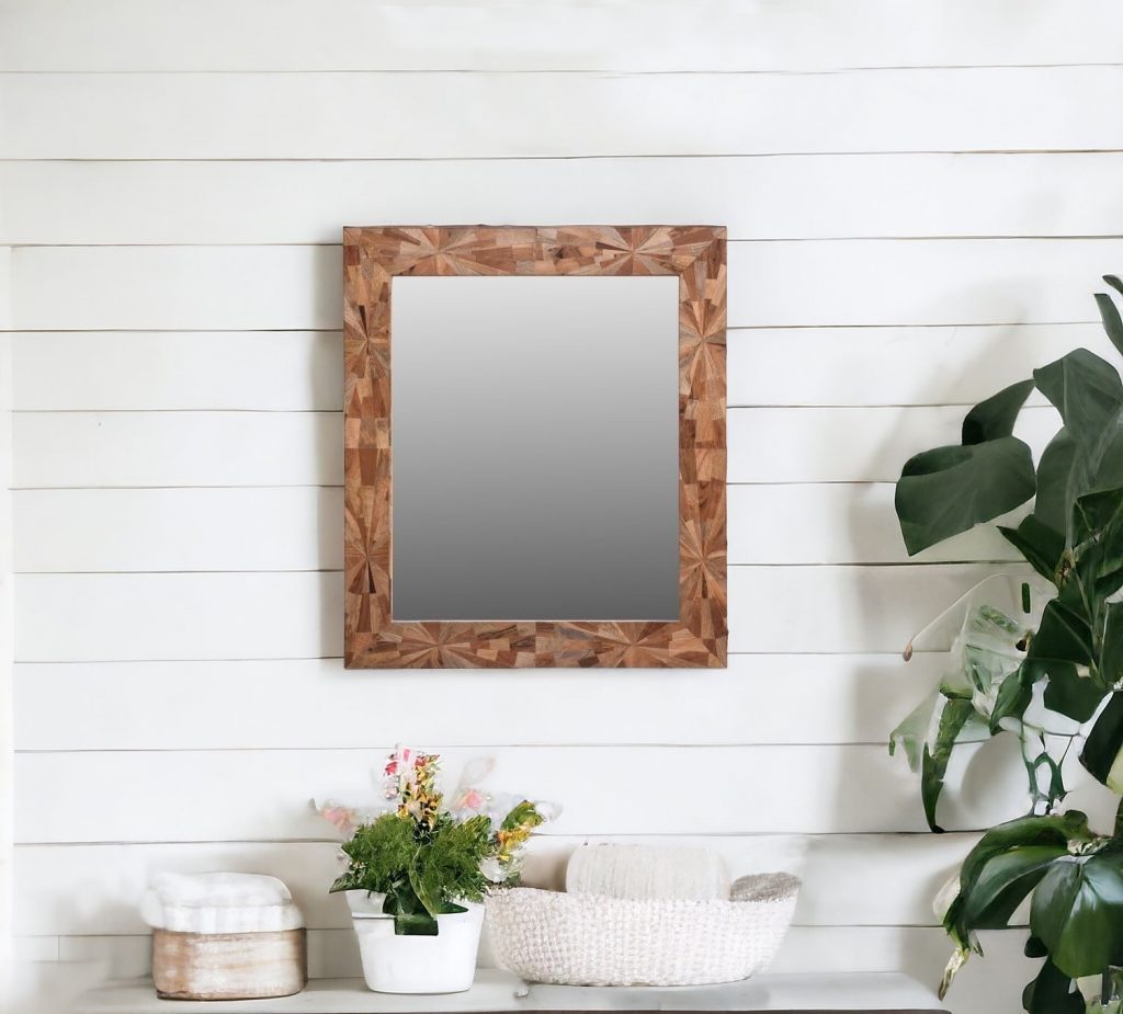 Homeroots - 46" Brown Solid Wood Geometric Starburst Framed Accent Mirror