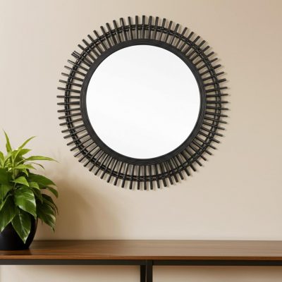 Homeroots - 31" Black Bamboo Pierced Round Accent Mirror