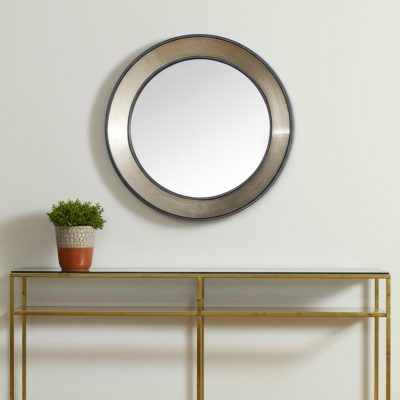 Homeroots - 22" Champagne And Dark Brown Metal And Solid Wood Round Framed Accent Mirror