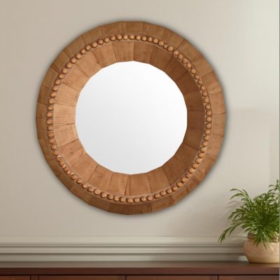 Homeroots - 30" Brown Solid Wood Faceted And Beaded Round Framed Accent Mirror