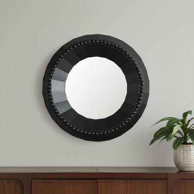 Homeroots - 30" Black Solid Wood Faceted And Beaded Round Framed Accent Mirror