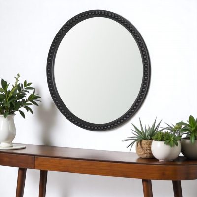 Homeroots - 30" Black Solid Wood Beaded Round Framed Accent Mirror