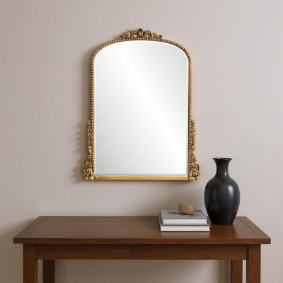Homeroots - 34" Antiqued Gold Wood Baroque Arch Framed Accent Mirror