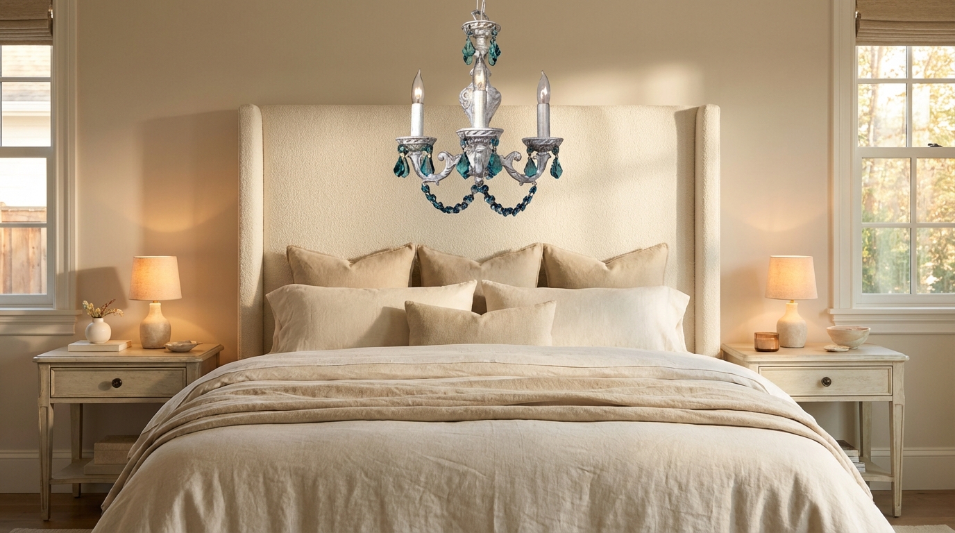 Mini-chandelier in a luxury master bedroom with neutral decor