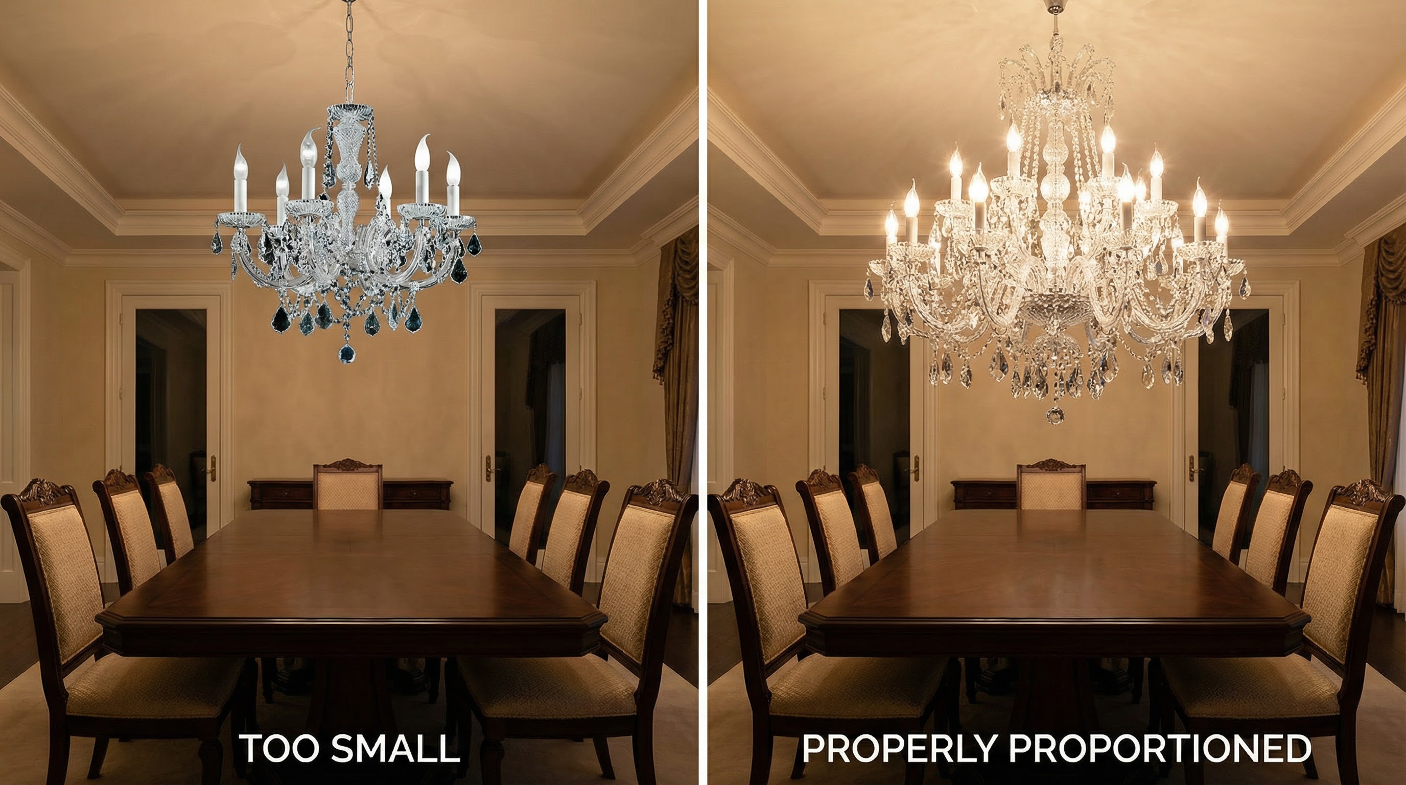 Comparison of undersized versus properly sized chandelier over a dining table