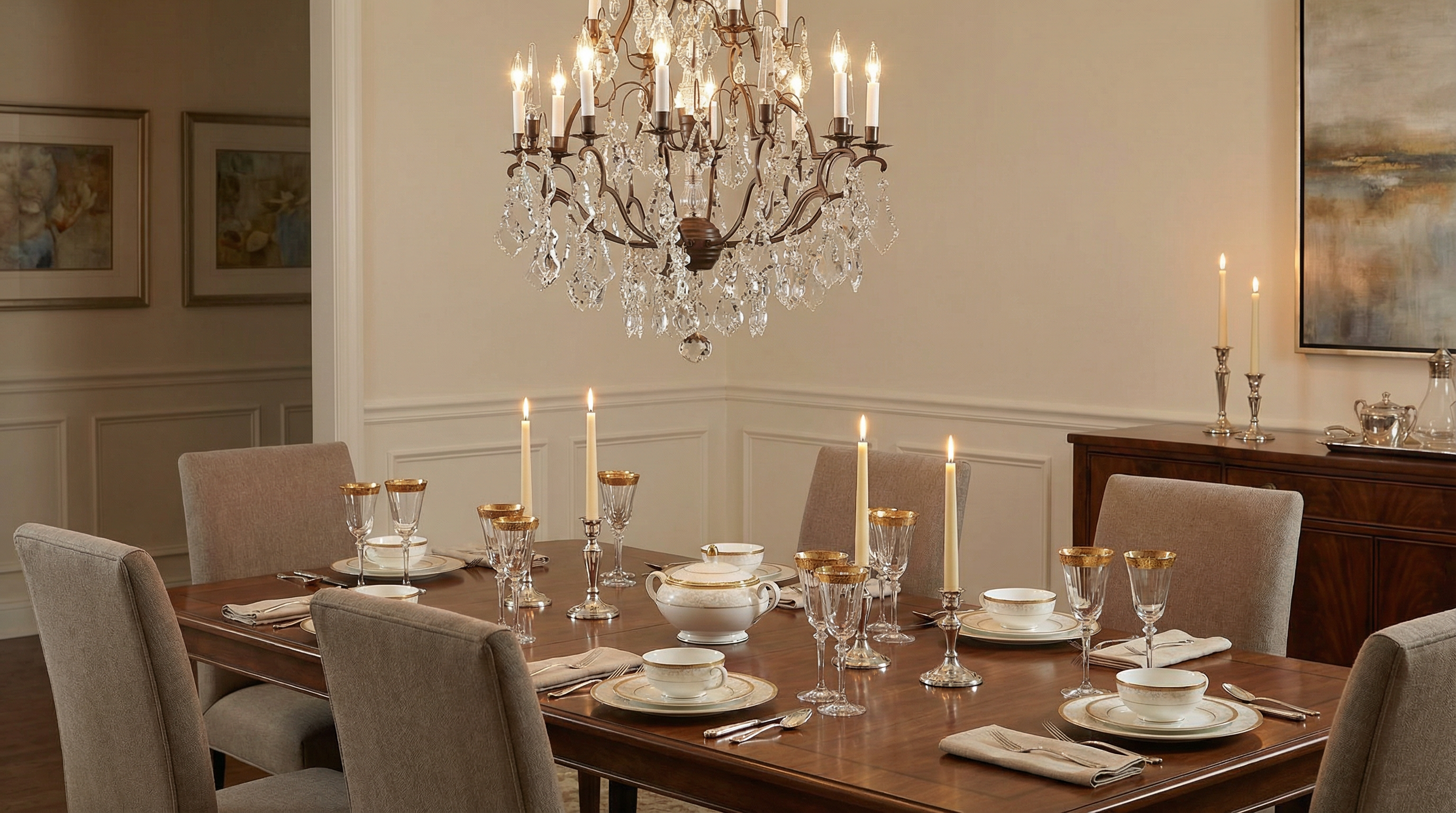 Crystal chandelier sized proportionally over a formal dining table with fine china