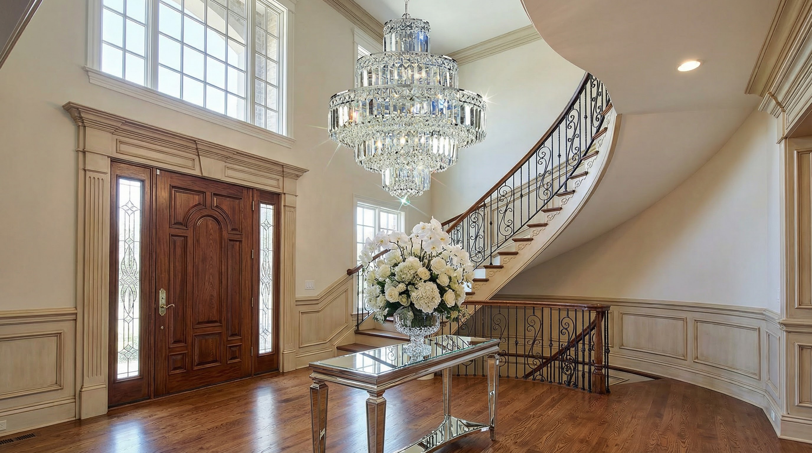 Ambassador crystal chandelier in a grand entryway with curved staircase