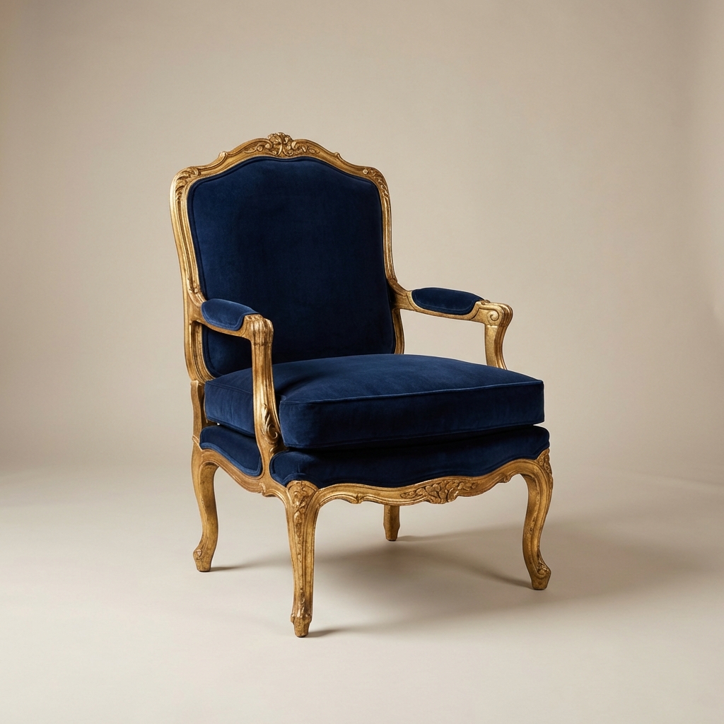 Louis velvet armchair in navy blue in a refined interior