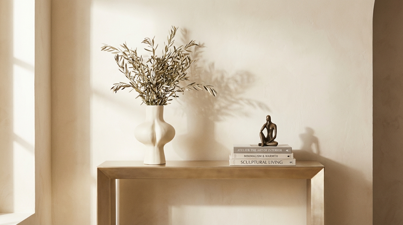 Elegant interior with a designer mirror above a styled console table