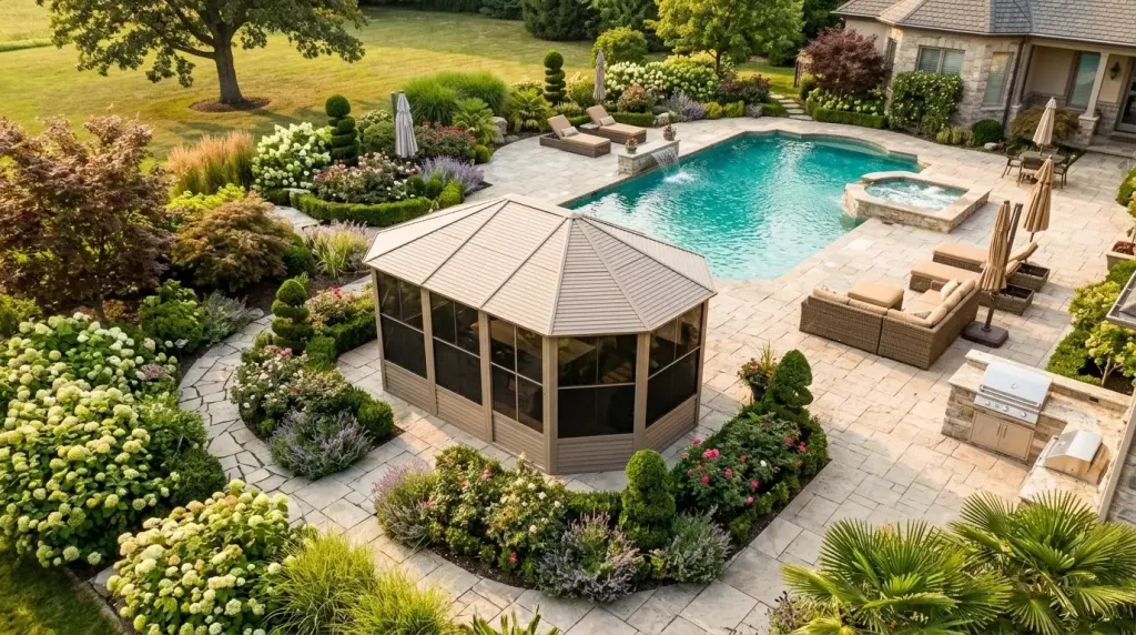 Aerial view of a Gazebo Penguin Florence solarium beside a pool in a landscaped backyard