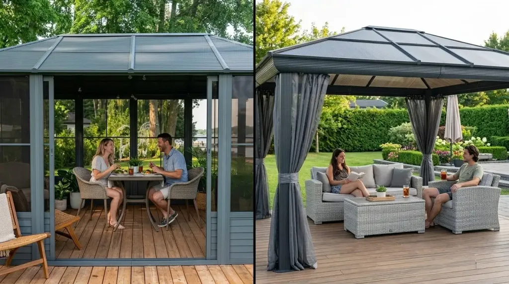 Side-by-side comparison of enclosed Florence solarium and open-air Venus gazebo