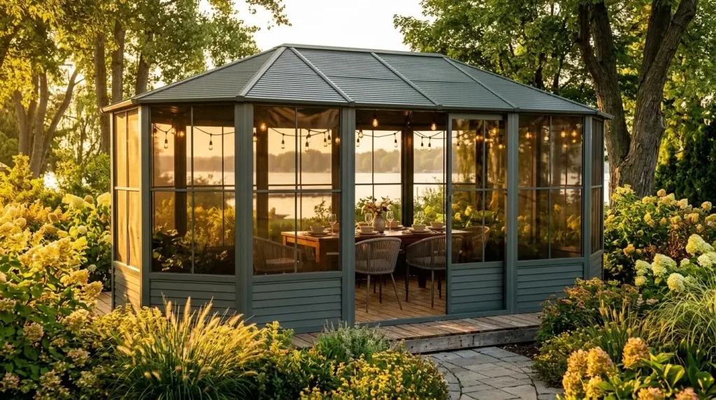 Gazebo Penguin Florence freestanding solarium with glass panels and string lights at golden hour