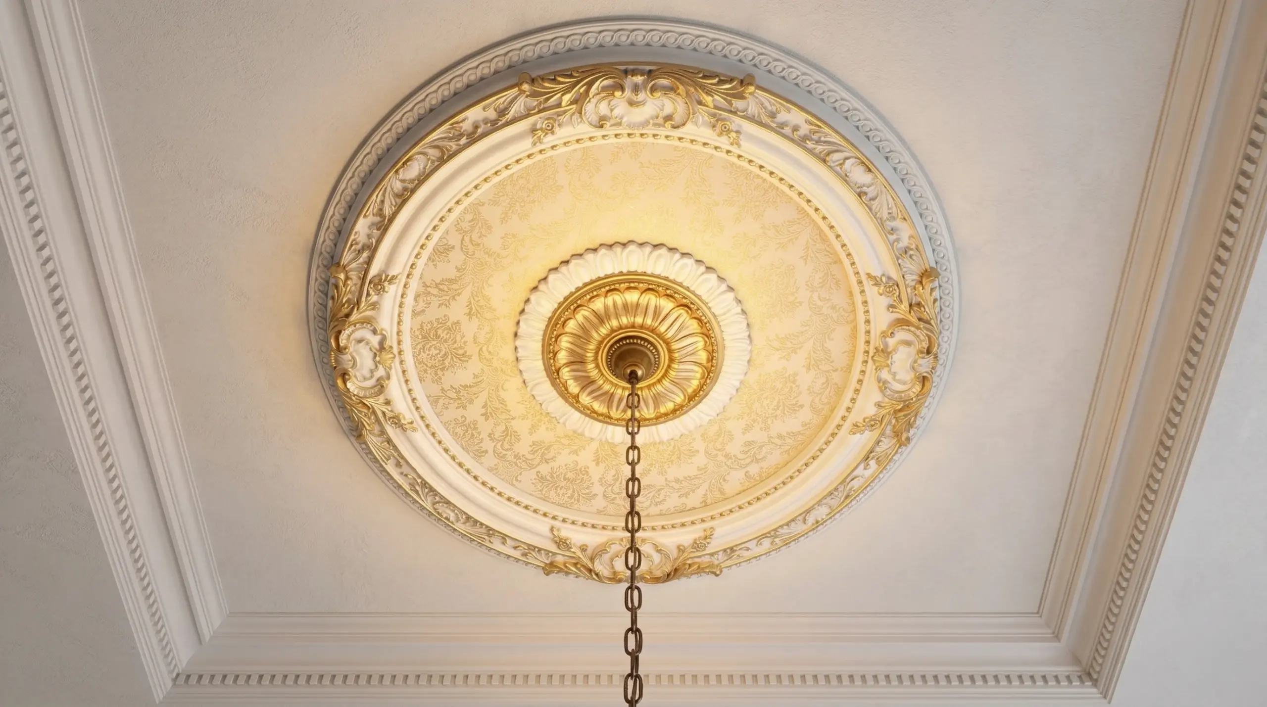 Ornate ceiling medallion framing a chandelier canopy with gold leaf details