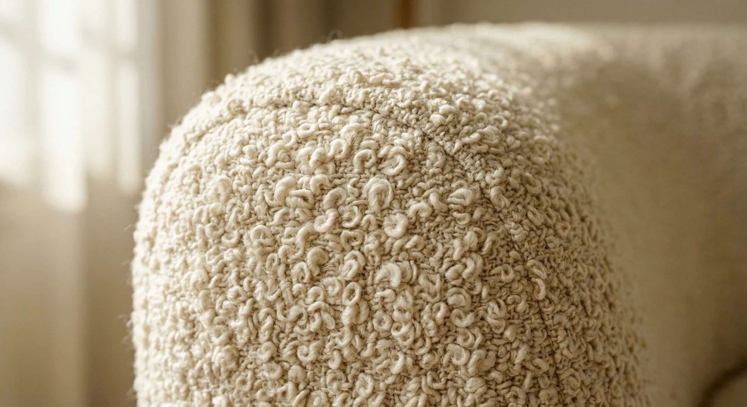 Close-up of bouclé fabric texture showing looped yarn curls