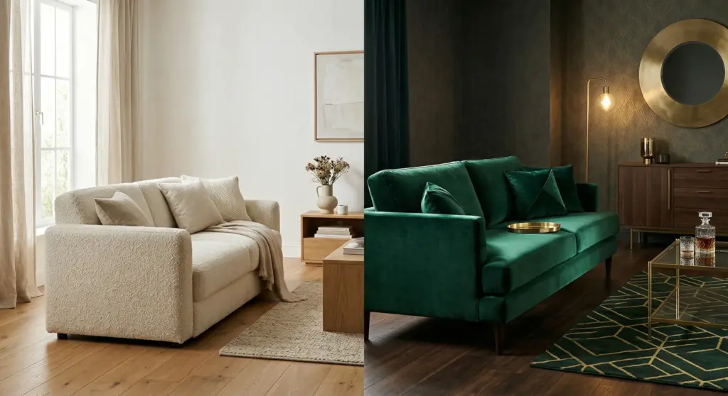Bouclé vs mohair upholstery comparison on luxury sofas