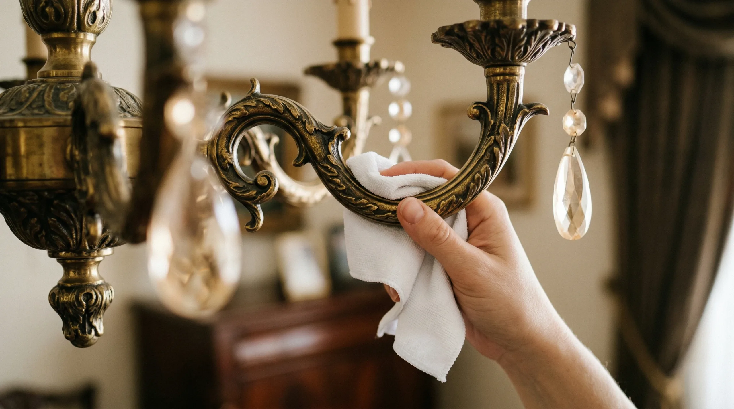 Cleaning and maintaining a brass lighting fixture with a soft cloth